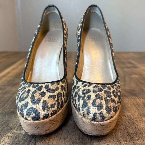 Stuart Weitzman Women’s Raffia Leopard Chetah Leather Cork Wedge Pumps Size 6 - Picture 3 of 10